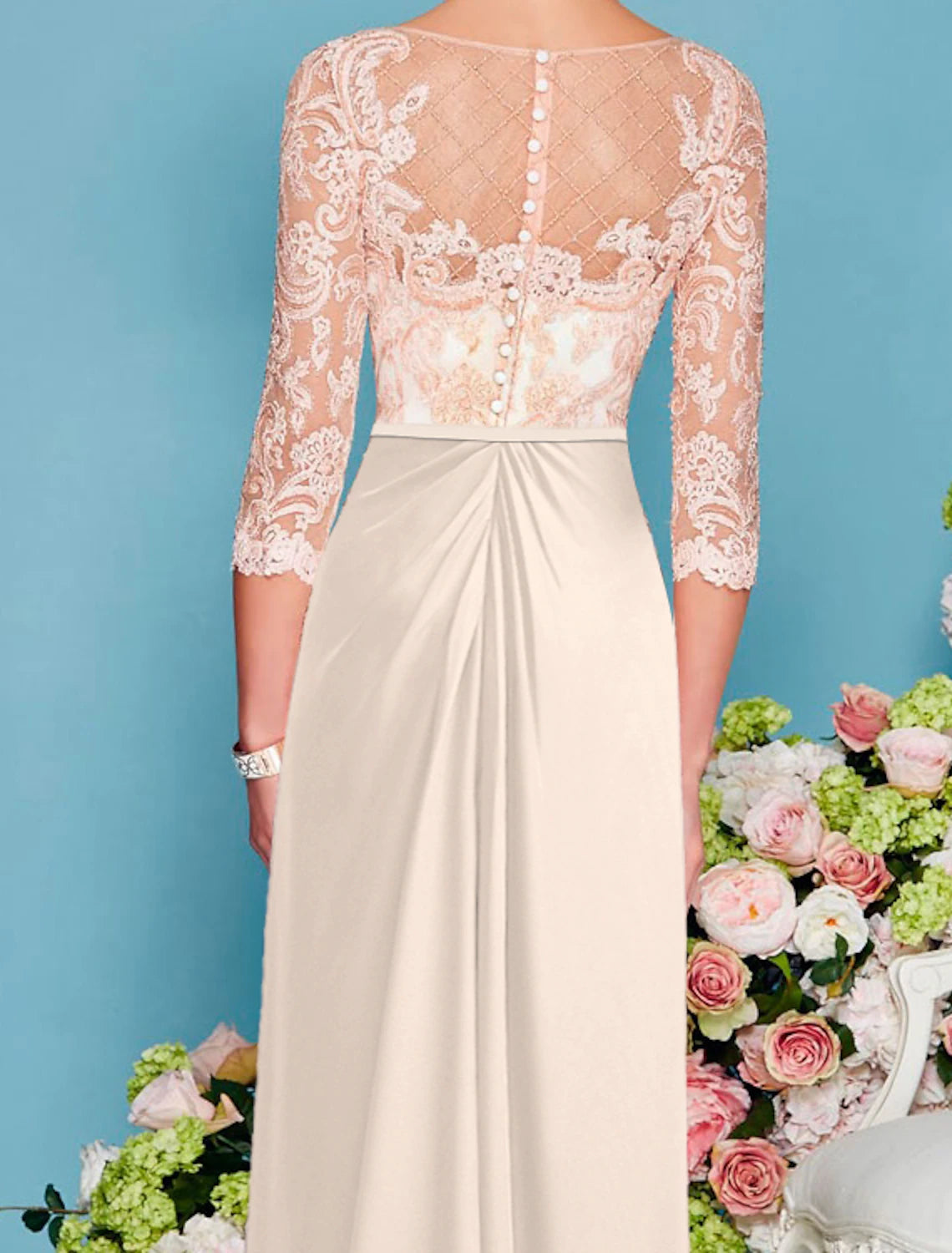 Sheath / Column Mother of the Bride Dress Wedding Guest Scoop Neck Floor Length Chiffon Lace 3/4 Length Sleeve with Beading Applique
