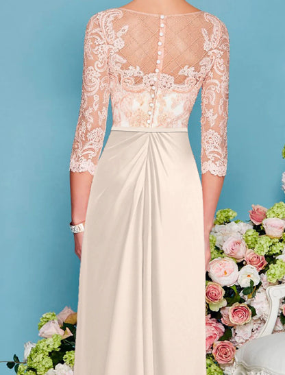 Sheath / Column Mother of the Bride Dress Wedding Guest Scoop Neck Floor Length Chiffon Lace 3/4 Length Sleeve with Beading Applique