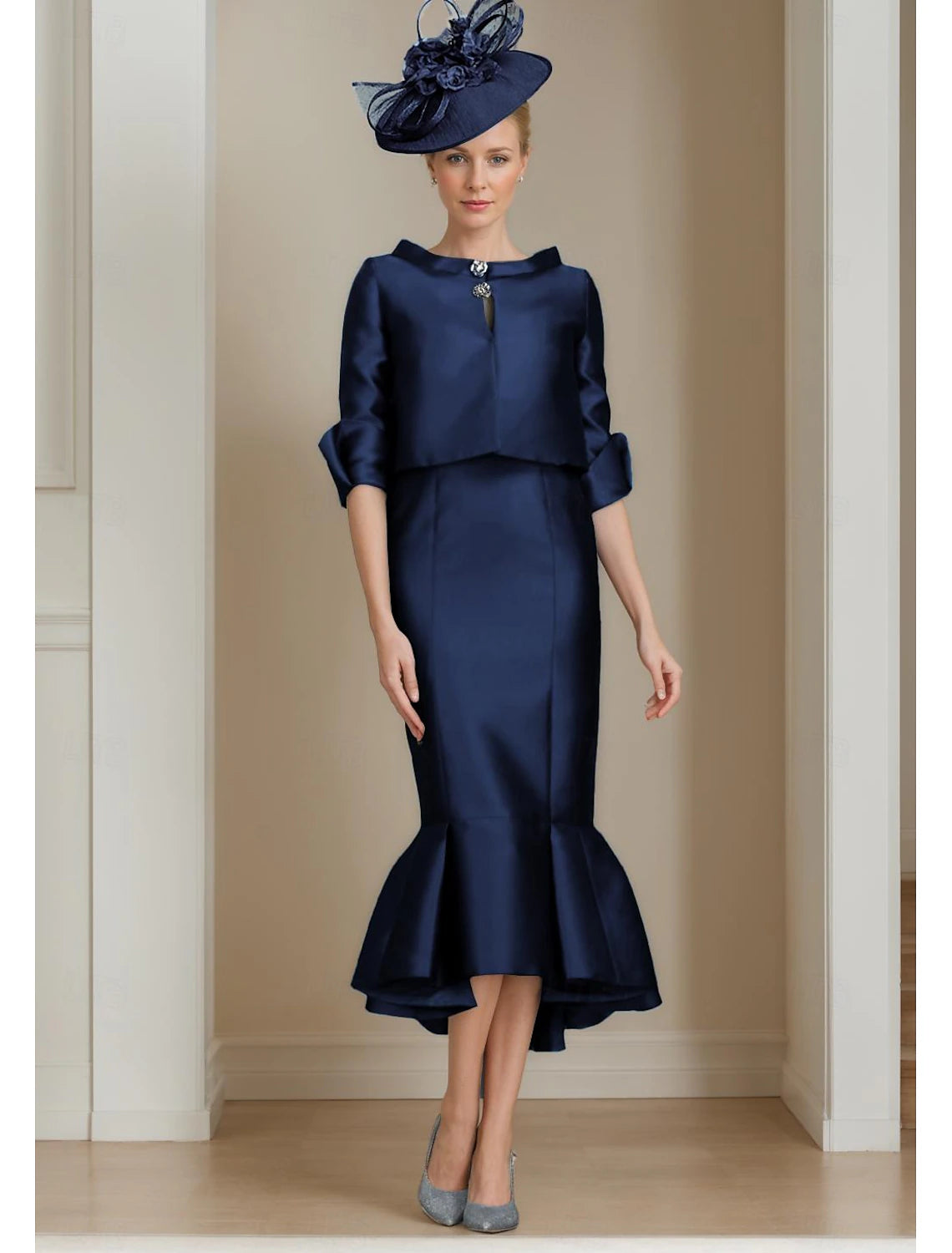 Mermaid / Trumpet Mother of the Bride Dress Formal Fall Wedding Guest Elegant Jewel Neck Tea Length Satin Half Sleeve with Buttons