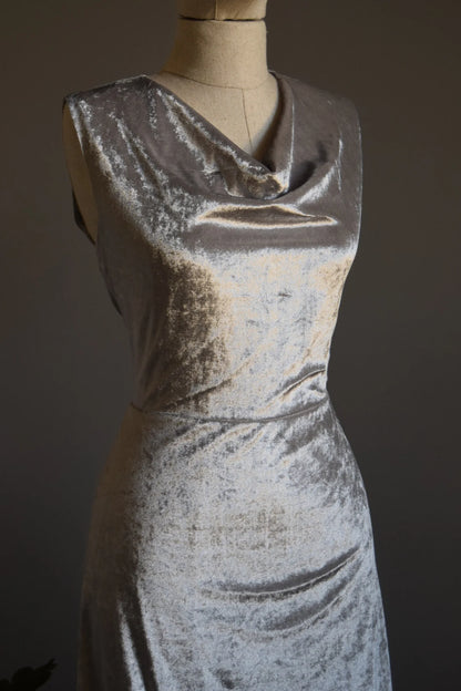 Cowl Neck Silver Crushed Velvet Bridesmaid Dress Maxi Dress Wedding Guest Dress
