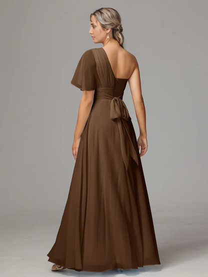 One Shoulder Chiffon Floor-length Bridesmaid Dresses With Slit