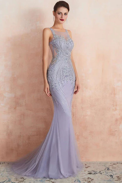 Lavender Round-Neck Sleeveless Mermaid Dress with Beading
