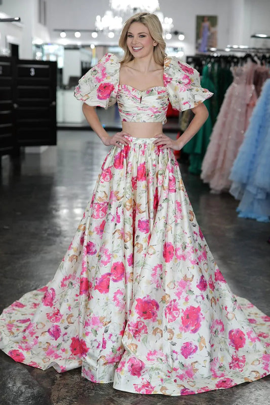 Cute A Line Two Piece Ruffled Sleeves Floral Printed Satin Long Prom Dress