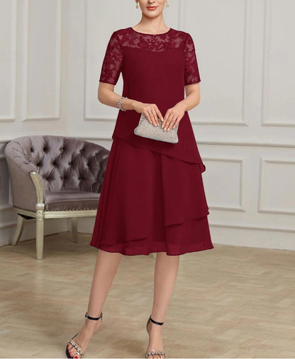 A-Line Mother of the Bride Dress Fall Wedding Guest Jewel Neck Tea Length Chiffon Short Sleeve with Lace