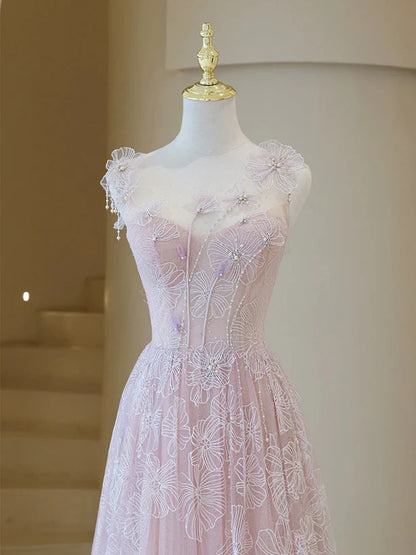 Light Pink Round Neckline Lace Long Prom Dress A-line Pink Floor Length Party Dress
