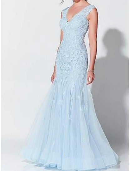 Mermaid / Trumpet Elegant Wedding Guest Evening Dress V Neck Sleeveless Floor Length Tulle with Appliques