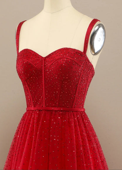Red A-Line Princess Sweetheart Prom Dress with Beading