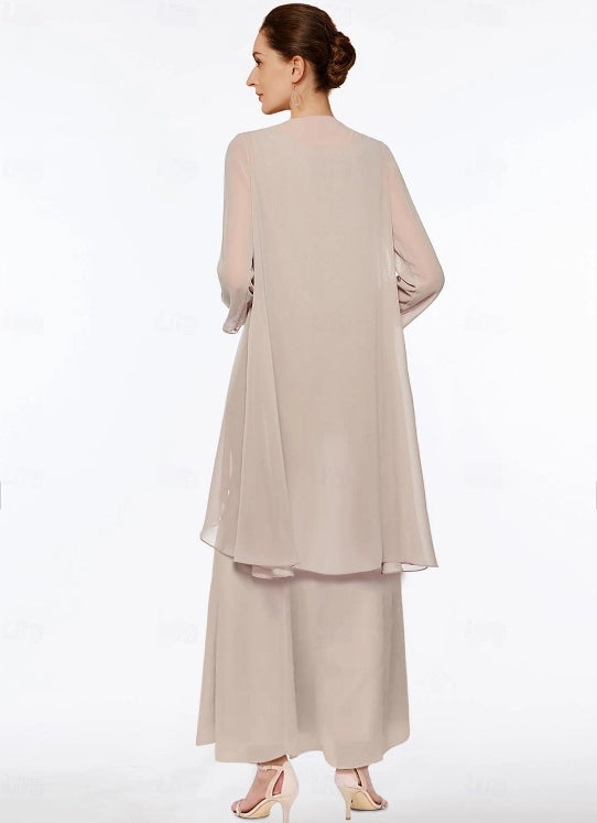 Sheath / Column Mother of the Bride Dress Wedding Guest Simple V Neck Ankle Length Chiffon Sleeveless with Tier
