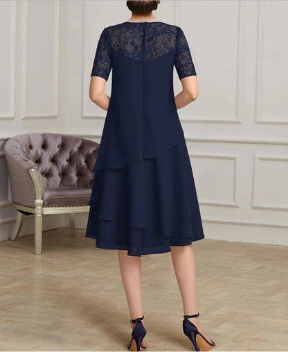 A-Line Mother of the Bride Dress Fall Wedding Guest Jewel Neck Tea Length Chiffon Short Sleeve with Lace