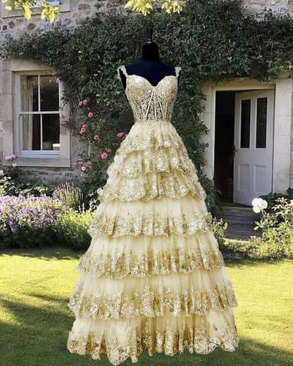 A-Line Princess Light Gold Lace Ball Gown Dress Prom Dresses