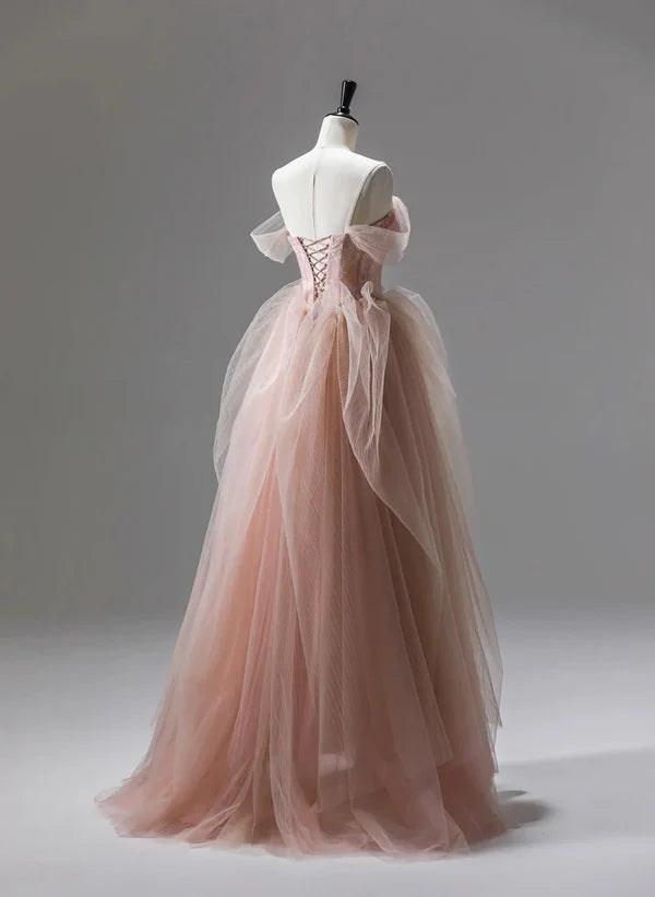A-Line Princess Pink Tulle Beaded Long Party Dress Prom Dress Floor Length Formal Dress