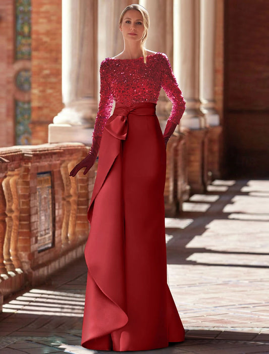 A-Line Satin Evening Gown Formal Christmas Floor Length Long Sleeve Jewel Neck with Glitter Ruffles