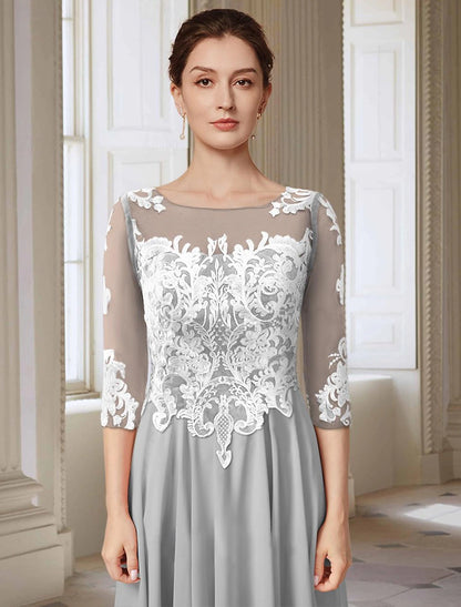 A-Line Mother of the Bride Dress Formal Wedding Guest Elegant Jewel Neck Asymmetrical Ankle Length Chiffon Lace with Appliques