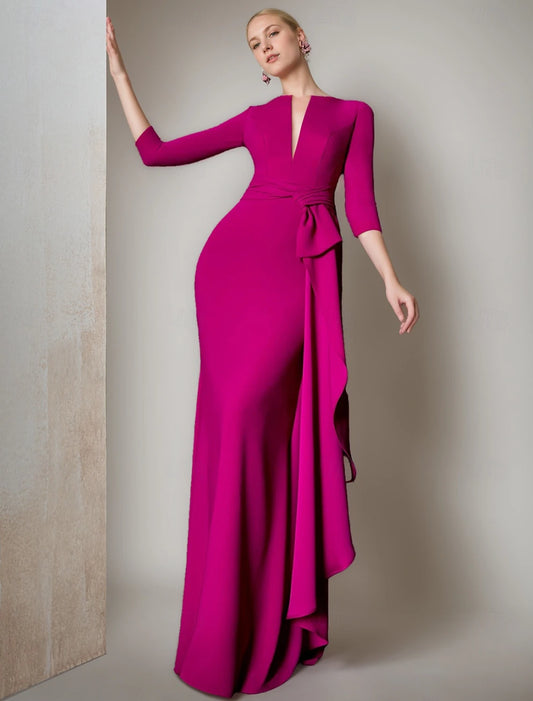 Mermaid / Trumpet Evening Gown Formal 3/4 Length Sleeve V Neck Stretch Crepe with Feather Ruched Ruffles