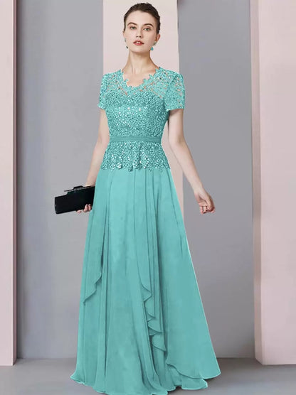 V-Neck Short Sleeves A-Line Lace Floor-Length Wedding Guest Dresses Mother of the Bride Dresse