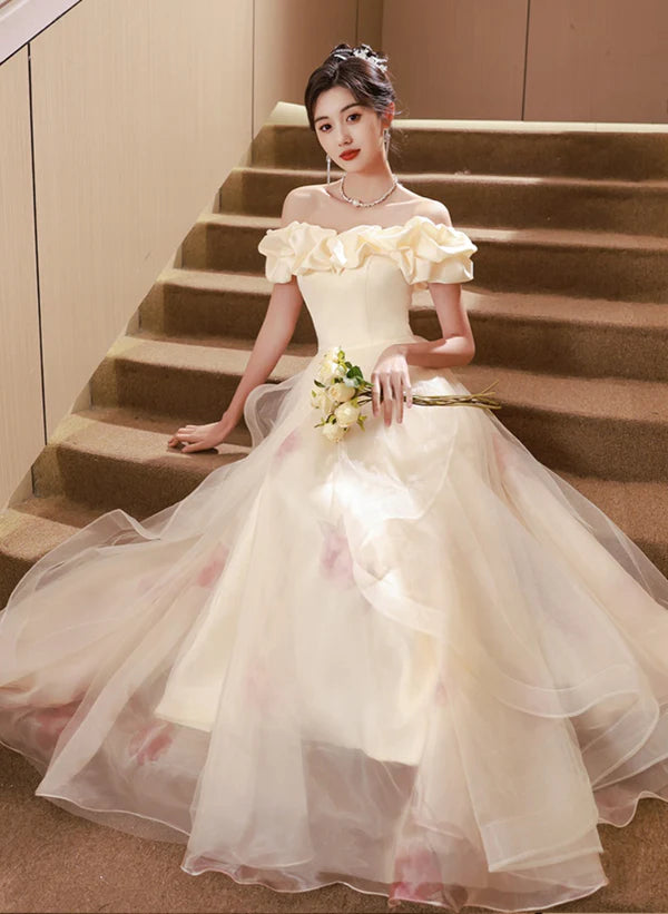 A-line Light Champagne Off Shoulder Long Prom Dress Evening Dress