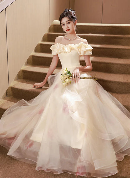 A-line Light Champagne Off Shoulder Long Prom Dress Evening Dress