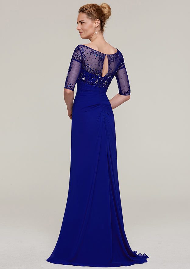 Sheath/Column V Neck Half Sleeve Sweep Train Chiffon Mother of the Bride Dress