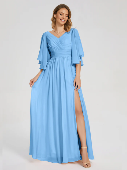 A-Line V-neck Half Sleeves Slit Chiffon Bridesmaid Dress Wedding Guest Party Dress