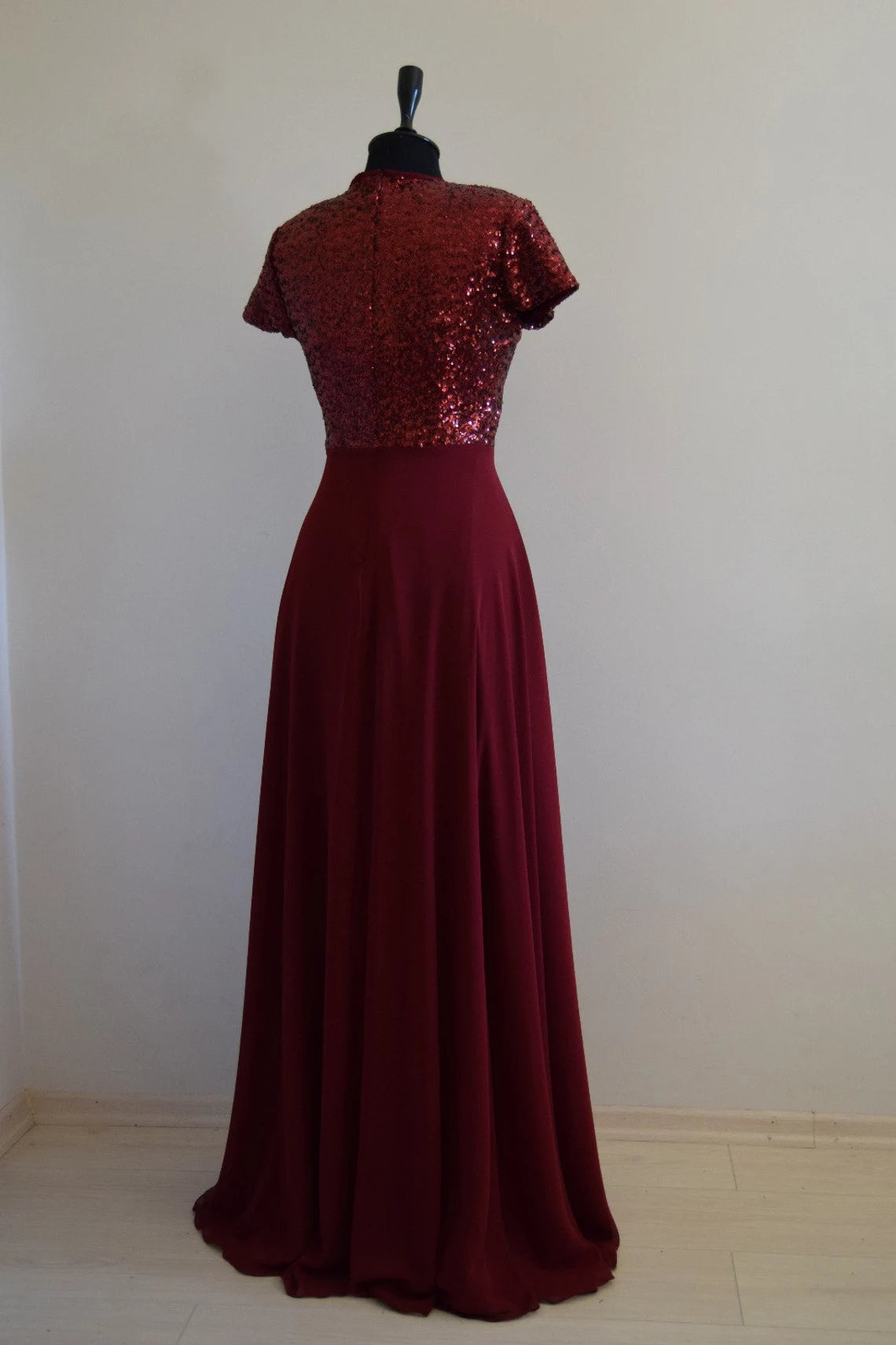 Handmade Chiffon With Sequin Burgundy Bridesmaid Dress Short Sleeve Full Length Sequin Sparkly Mother of the Bride Dresse