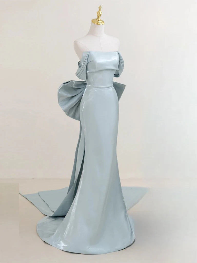 Simple Off Shoulder Satin Blue Long Strapless Prom Dress With Bows