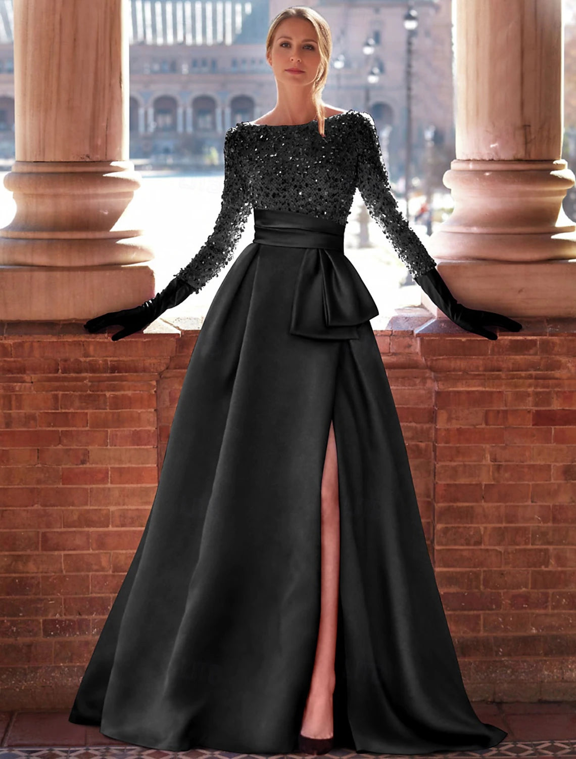 A-Line Satin Sequin Evening Gown Floor Length Long Sleeve Jewel Neck with Glitter