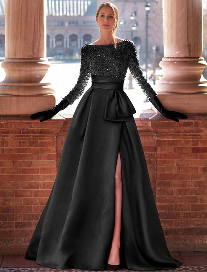 A-Line Satin Sequin Evening Gown Floor Length Long Sleeve Jewel Neck with Glitter