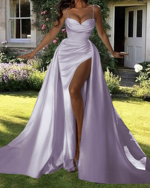 Mermaid Lilac Satin Spaghetti Strap Dress A-Line Princess Prom Dresses Ballgown