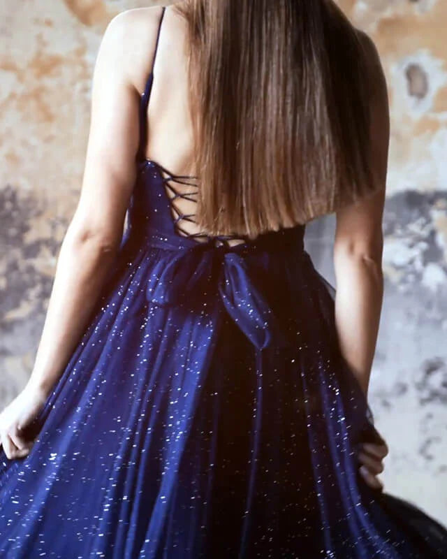 Sparkly Navy Blue Tulle V-neck Lace Up Back Split Dress A-Line Princess Prom Dresses