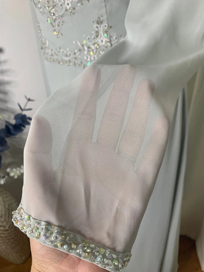 Gorgeous Ocean Gray Beaded Formal Gown Chiffon Mother of the Bride Dresse Long Sleeve Chiffon Dress