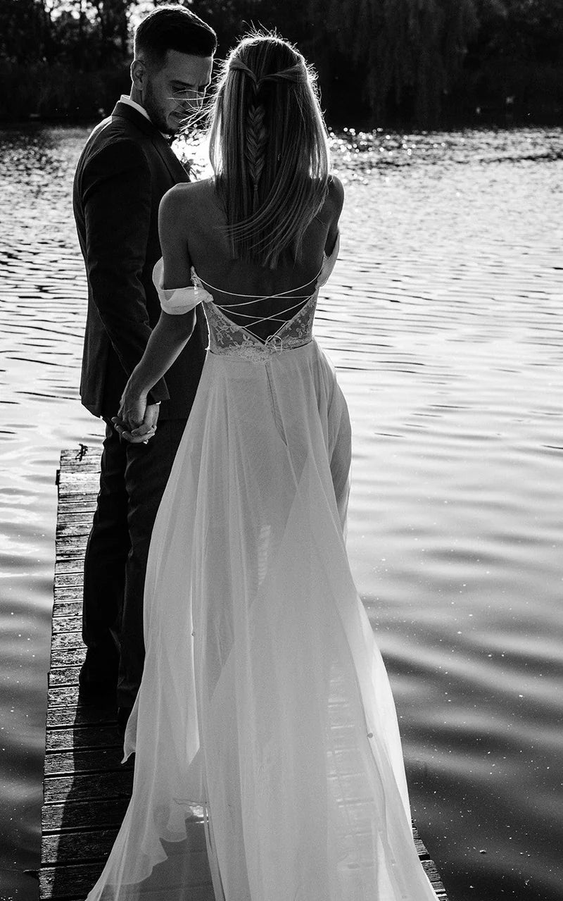 A-Line Lace White Lace-Up Off-the-Shoulder Wedding Dress with Slit