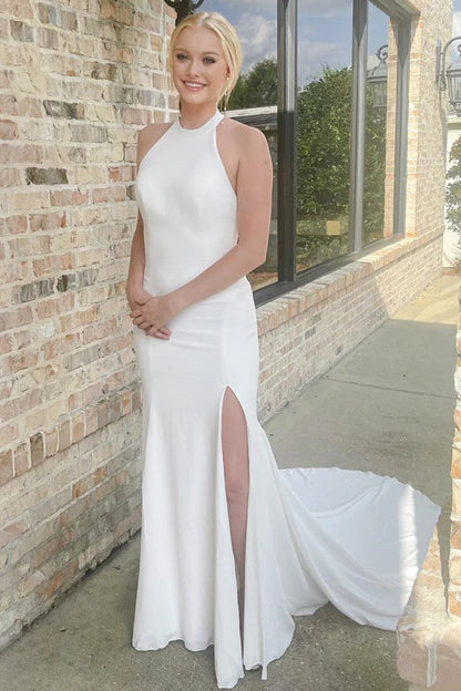 White Halter Mermaid Long Backless Wedding Dress with Slit