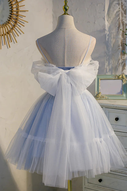 A-Line Princess Spaghetti Straps Tulle Lace Appliques Short Prom Dresses With Bow