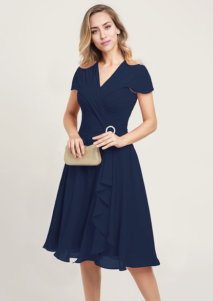 Chiffon Mother of the Bride Dress V Neck Short Sleeve Knee-Length With Sequins Beading Ruffles