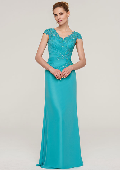 Sheath/Column V Neck Sleeveless Chiffon Mother of the Bride Dress With Pleated Appliqued Beading