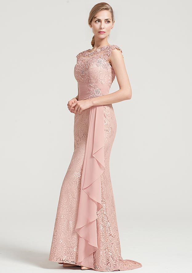 Sheath/Column Bateau Sleeveless Long Lace Dress With Ruffles Appliqued Pleated