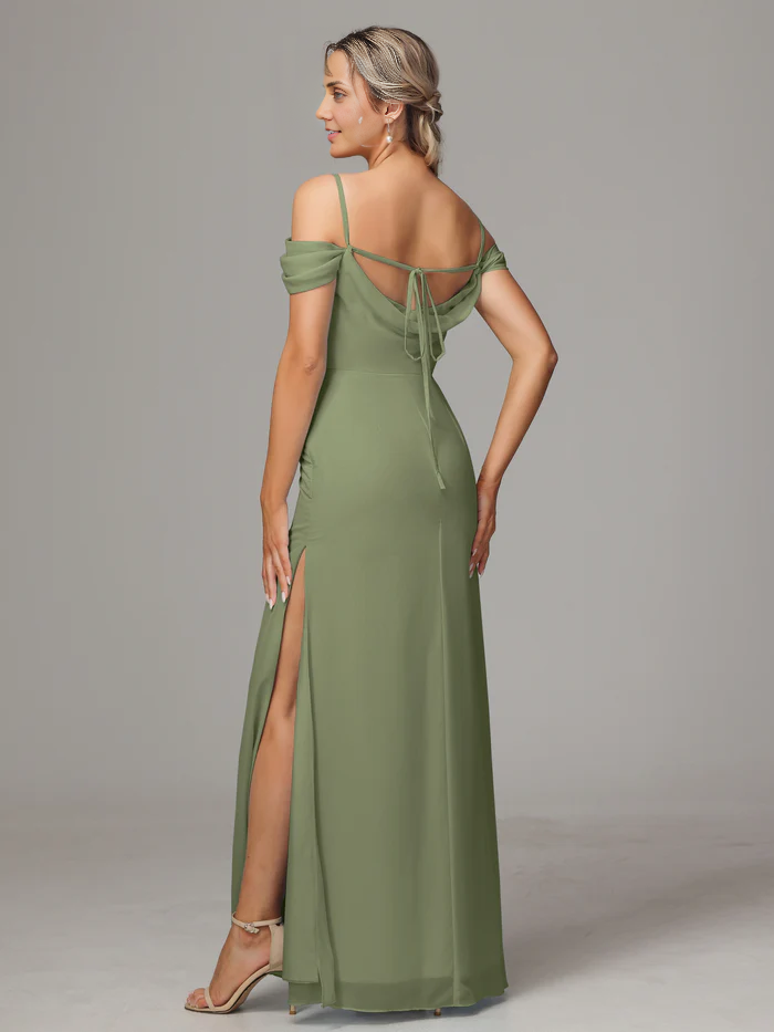 Spaghetti Straps Off The Shoulder Chiffon Long Bridesmaid Dress With Slit