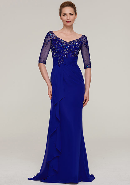 Sheath/Column V Neck Half Sleeve Sweep Train Chiffon Mother of the Bride Dress