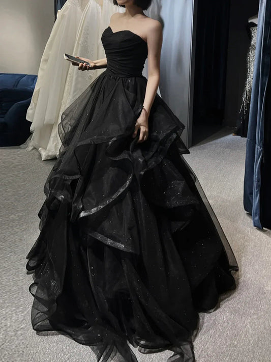 A-Line Sweetheart Neck Tulle Black Ruffle Tiered Ballgown Long Prom Dress