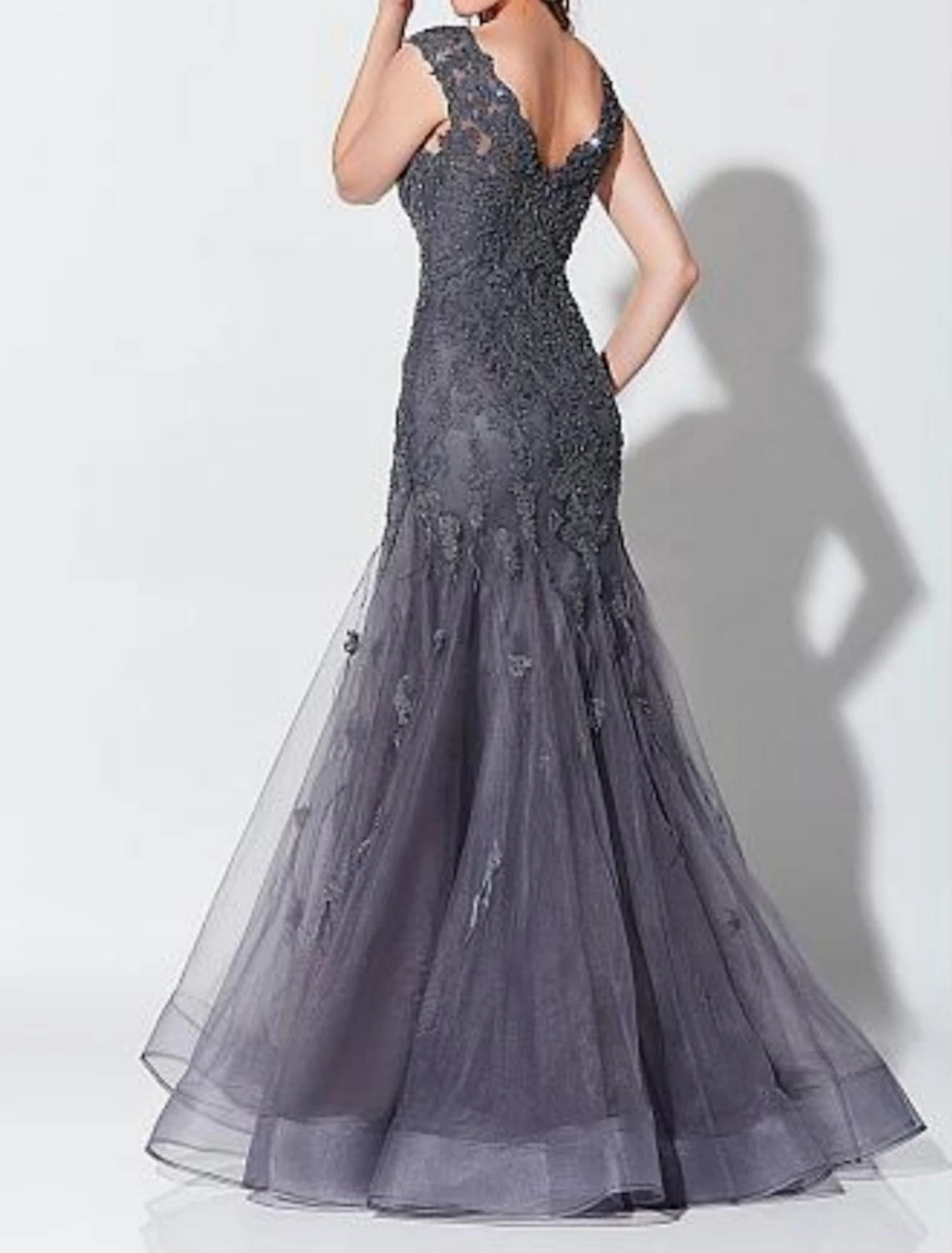 Mermaid / Trumpet Elegant Wedding Guest Evening Dress V Neck Sleeveless Floor Length Tulle with Appliques