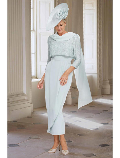 Two Piece Sheath / Column Mother of the Bride Dress Elegant Jewel Neck Tea Length Chiffon 3/4 Length Sleeve
