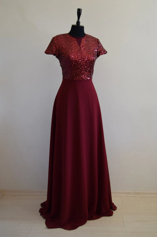 Handmade Chiffon With Sequin Burgundy Bridesmaid Dress Short Sleeve Full Length Sequin Sparkly Mother of the Bride Dresse