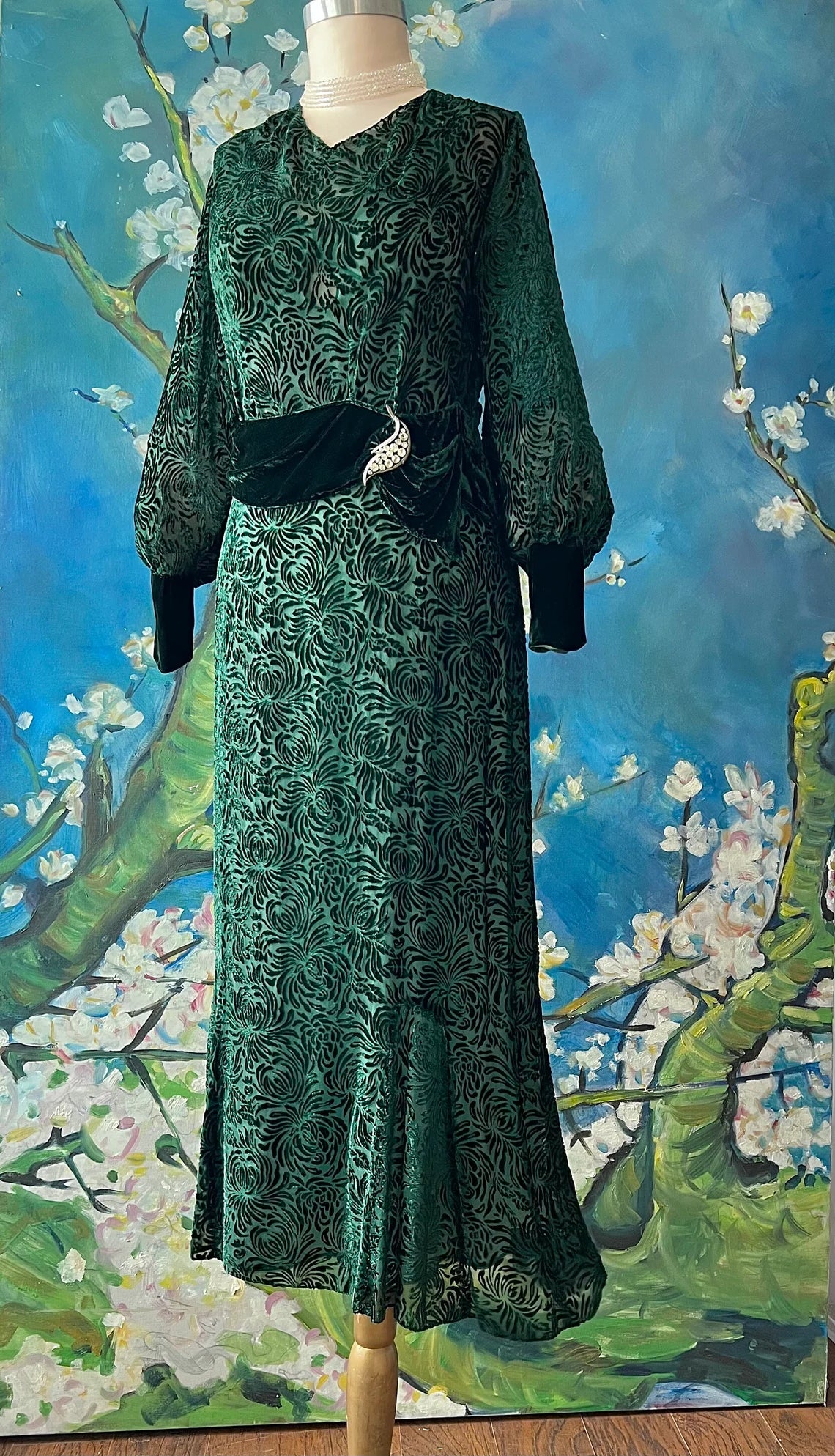 Forest Green Floral Mum Swirl Silk Velvet Dress Bridesmaid Mother of the Bride Dresse