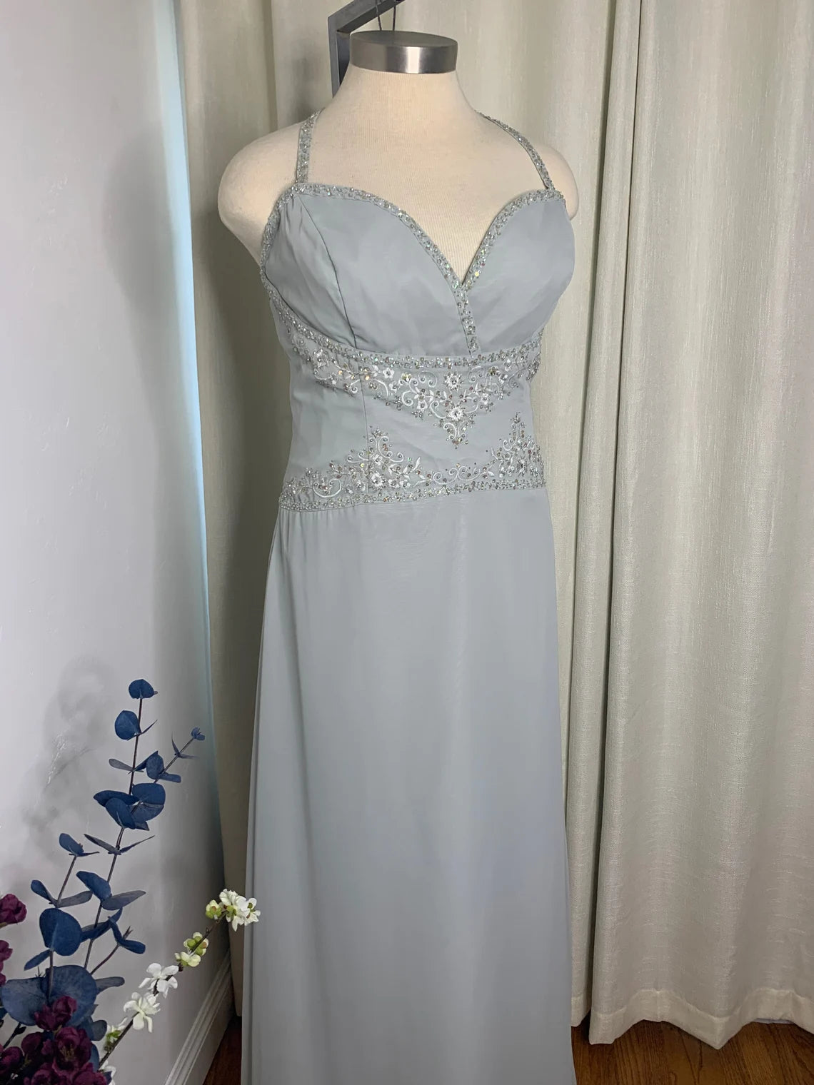 Gorgeous Ocean Gray Beaded Formal Gown Chiffon Mother of the Bride Dresse Long Sleeve Chiffon Dress