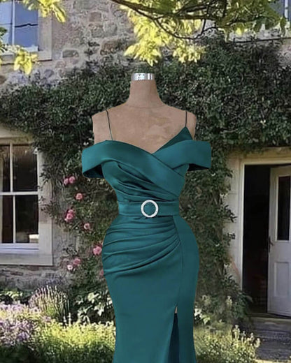 Mermaid Dark Green Cold Shoulder Satin Ruched Floor-length Prom Dresses