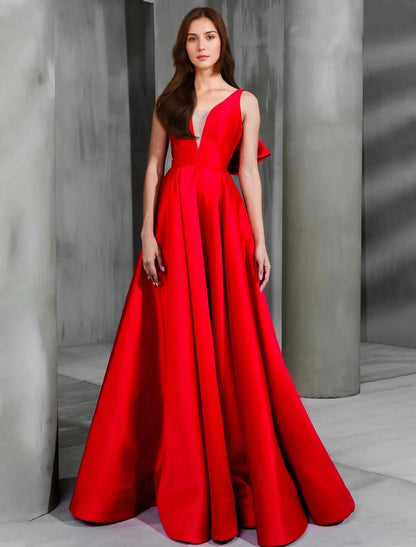 A-Line Evening Gown Christmas Dress Sleeveless V Neck Satin with Bow(s)