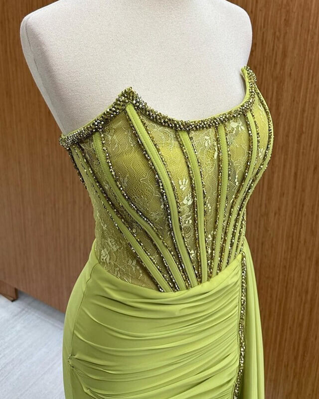 Strapless Corset Floor-length Ruched Prom Dresses Slit With Ribbons