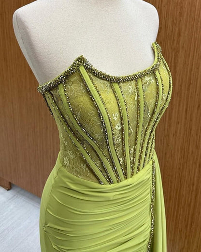 Strapless Corset Floor-length Ruched Prom Dresses Slit With Ribbons