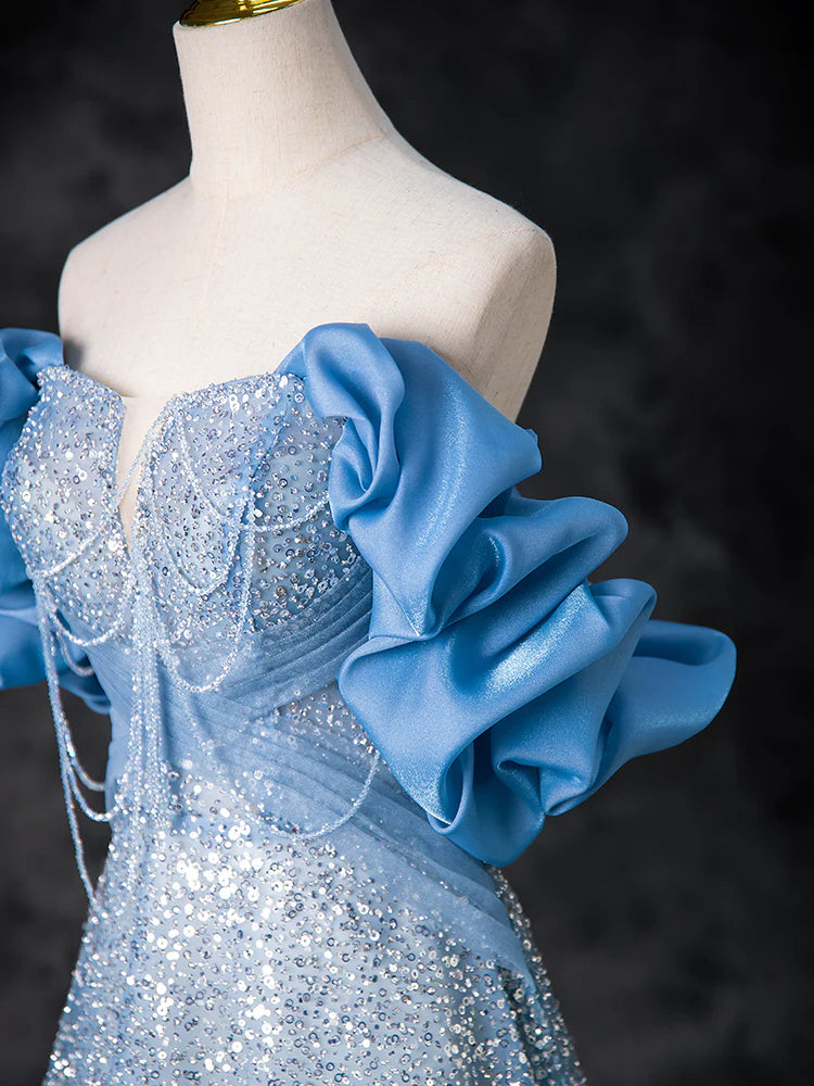 A-Line Off Shoulder Sequin Beads Blue Long Prom Dress