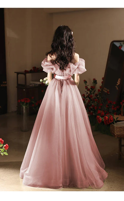 Pink A-Line Princess Off Shoulder Tulle Party Dress Prom Dress